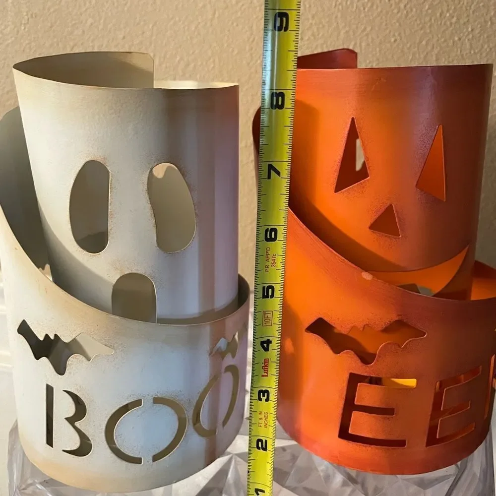Glitzhome Set of 2 Pumpkin and Ghost Boo and Eek Metal Candle Holders